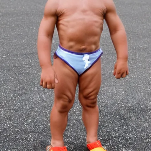 Image similar to huge muscles bodybuilder toddler, angry, ready to fight, 2 years old, steroids, barrel chested, rippling muscles, huge veins, bulging muscles, ripped, award winning photography, high detail