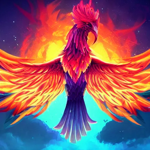 Prompt: artwork of a phoenix, highly detailed, artstation, rainbow colors, night sky background, smooth illustration, digital art, unreal engine