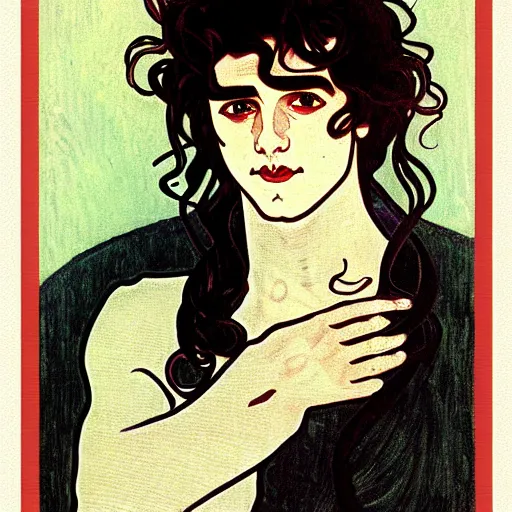 Prompt: painting of young cute handsome beautiful dark medium wavy hair man in his 2 0 s named shadow taehyung in costume at the halloween pumpkin party, straight nose, depressed, melancholy, elegant, clear, painting, stylized, delicate, soft facial features, delicate facial features, soft art, art by alphonse mucha, vincent van gogh, egon schiele