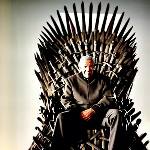 Image similar to a tv still of ian mckellen, as a king wearing an over - sized crown, sitting on the iron throne