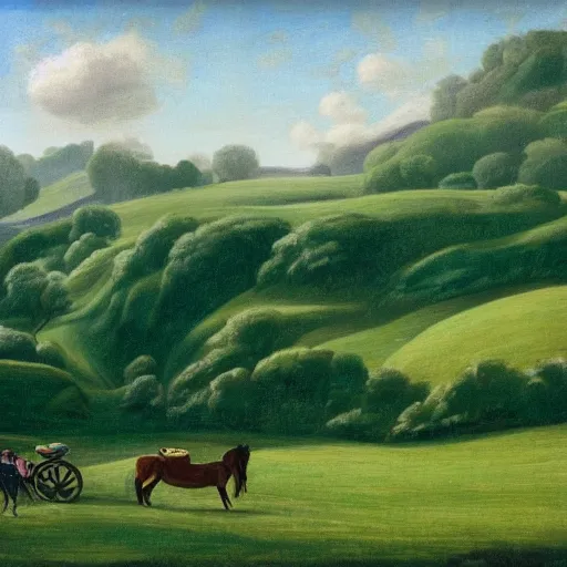 Prompt: blond woman facing a pastoral countryside with chalk outlined horse drawn into the hills and waves of green grass