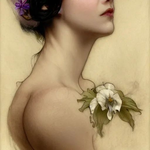 Image similar to side portrait of a beautiful witch, black hair, flower crown, white cloak, headshot, hyper realistic, pale skin, 4k, rule of thirds, beautiful eyes, extreme detail, detailed drawing, trending artstation, hd, fantasy, D&D, realistic lighting, by Alphonse Mucha, Greg Rutkowski, sharp focus, backlit, elegant