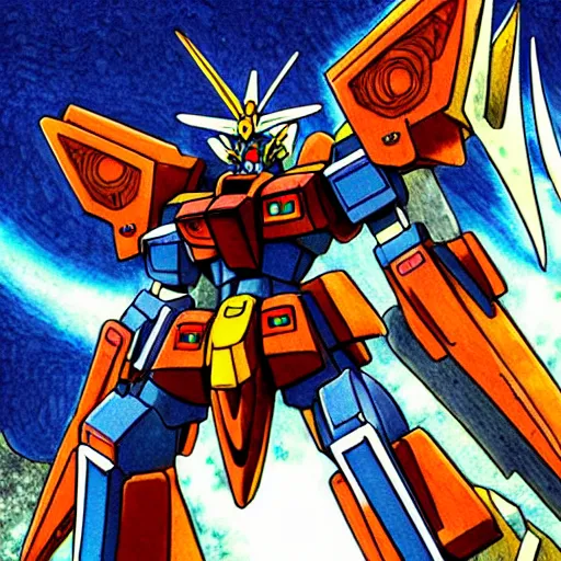 Image similar to detailed intricate color manga illustration of a gundam mech warrior destroying a medieval village