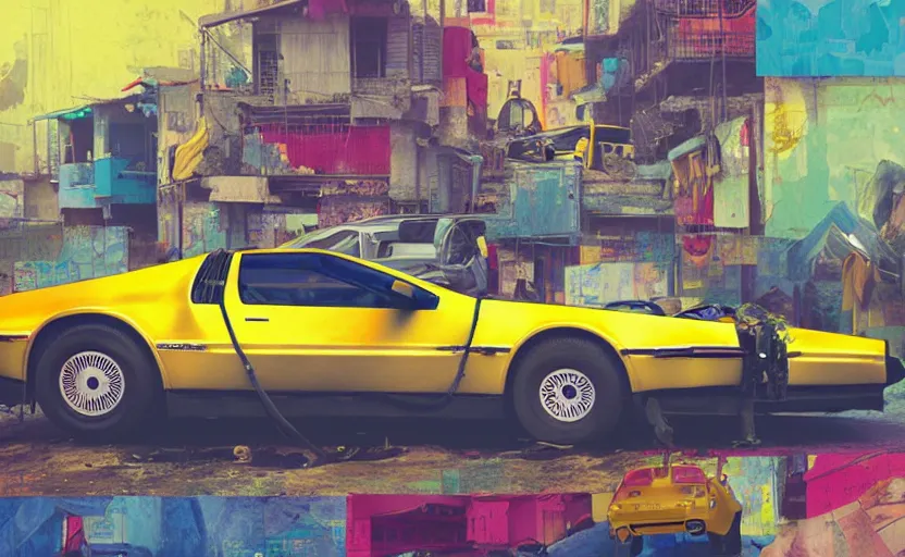 Image similar to a yellow delorean in ajegunle slums of lagos - nigeria, magazine collage, colourful painting by hsiao - ron cheng,