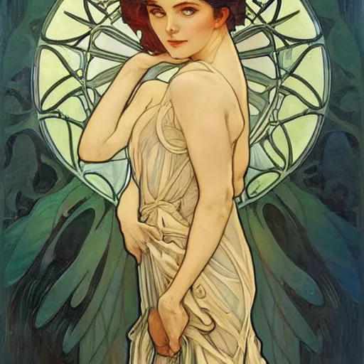 Image similar to an art nouveau painting in the style of mort kunstler, and in the style of charlie bowater, and in the style of alphonse mucha. symmetry, smooth, sharp focus, semi - realism, intricate detail.