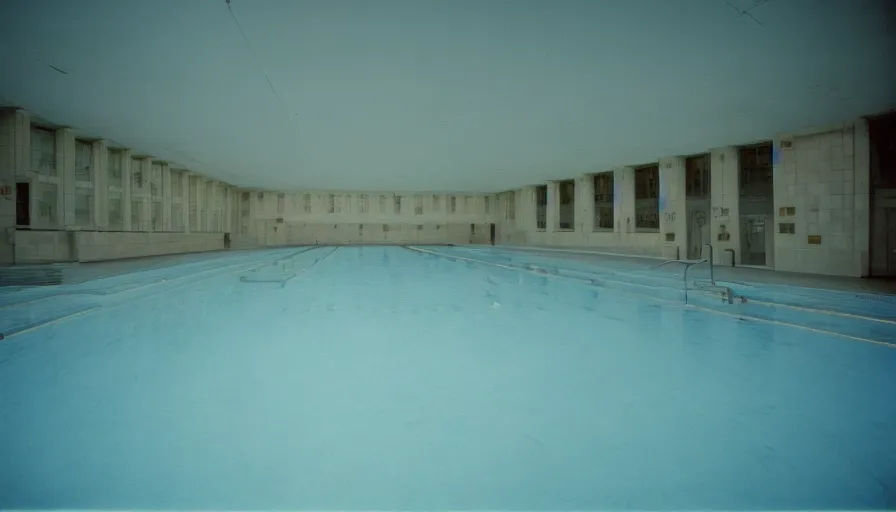 Prompt: 60s movie still of a sovietic stalinist style empty light blue pool ,cinestill 800t 50mm eastmancolor, liminal Space style, heavy grain-s 150