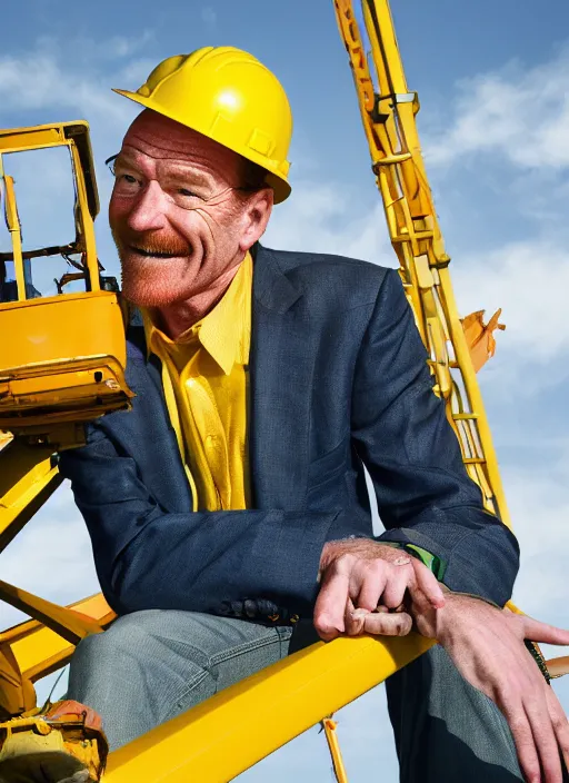 Image similar to closeup portrait of cheerful bryan cranston operating a crane, sitting in a crane, yellow hardhat, sitting in a crane, natural light, bloom, detailed face, magazine, press, photo, steve mccurry, david lazar, canon, nikon, focus