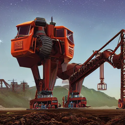 Prompt: giant scary quadrupedal mining machine with drill, four legs, highly detailed body, retro, industrial, in the style of simon stalenhag