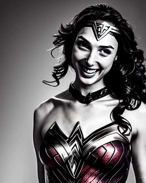 Image similar to gal gadot as she crinkles her nose while laughing, dressed as wonder woman, photorealistic, black and white photography, hdr color, hyperreal