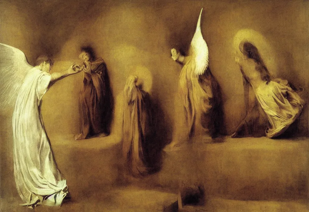 Prompt: the annunciation by Odd Nerdrum, by Francisco Goya, by Francis Bacon, beautiful, eerie, surreal, colorful