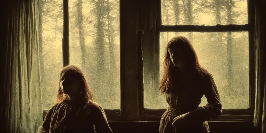 Image similar to portrait bust of young woman, tired expression, faded color film, russian cinema, tarkovsky, kodachrome, inside old cabin, next to window, heavy forest outside, long brown hair, old clothing, heavy fog, brown color palette, hudson river school, 4 k, dramatic lighting, greg rutkowski