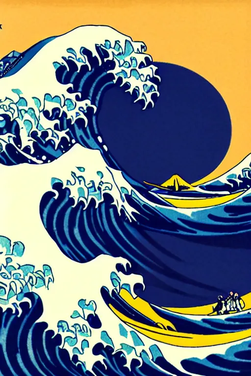 Image similar to The Great Wave off Kanagawa as a Vintage Travel Poster, Moon in the background