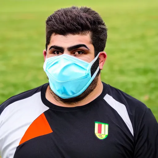 Image similar to overweight kurdish soccer player with face mask and great hair