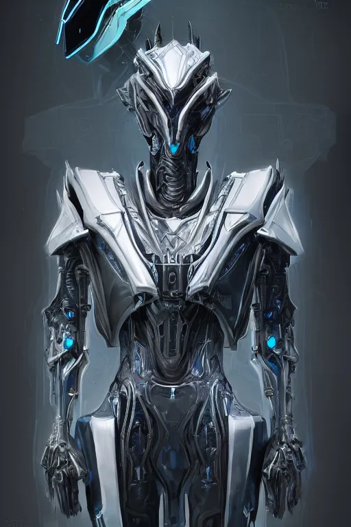 Image similar to detailed portrait of a cyborg, necromancer, warframe armor, benevolent, scifi, futuristic, elegant cape, perfect, glow, concept art, sharp focus, inside a space ship, trending on artstation, intricate, advanced technology, art by roman makarenko and simon almeida and marcos melco