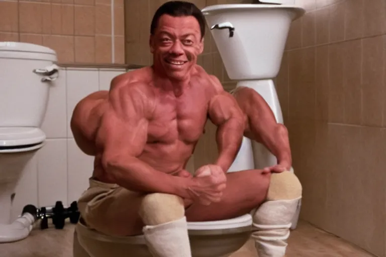 Image similar to hyperrealistic Jean Claude Vandamme doing the splits over a toilet, golden hour, smiling, award winning