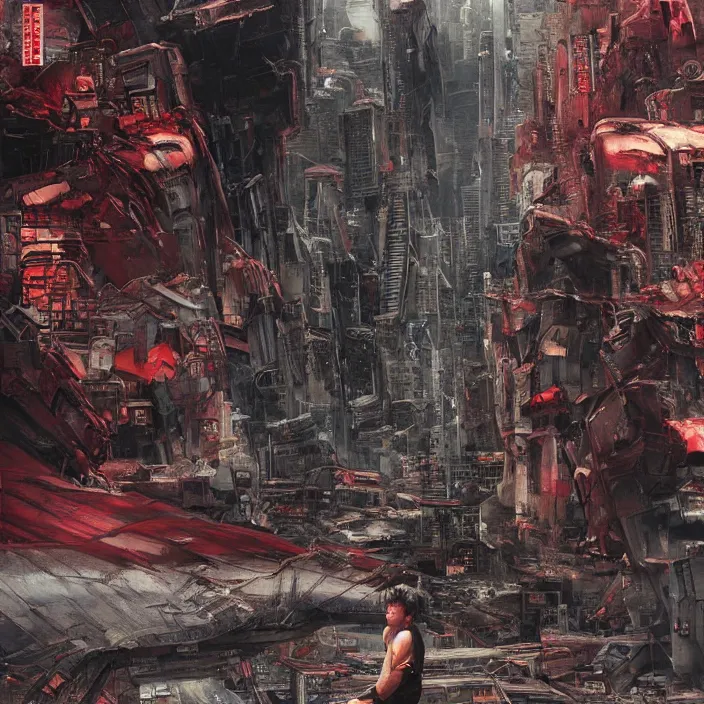 Image similar to tetsuo observing the ruins of neo - tokyo, red cape, akira | anime, matte painting, dystopian megacity neo - tokyo akira, shaded perfect, fine details. realistic shaded lighting anime manga artwork by katsuhiro otomo, akira, artgerm, jeremy lipkin and michael garmash and rob rey