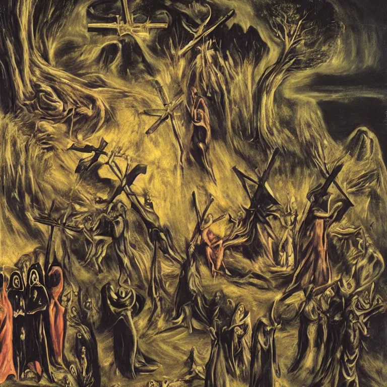 Image similar to A Holy Week procession of grim reapers in a lush Spanish landscape at night. A hooded figure at the front holds a cross. El Greco, Remedios Varo, Salvador Dalí, Zdzisław Beksiński. Technicolor.