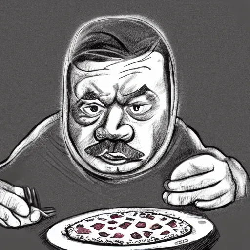 Prompt: a half-dwarf man eating cheese pizza, focus face, hard sketch