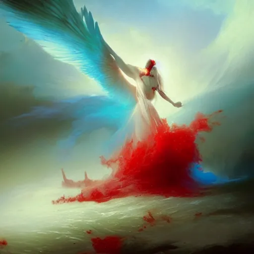 Image similar to a fallen angel in red fluid simulation, painting by ross tran and ivan aivazovsky