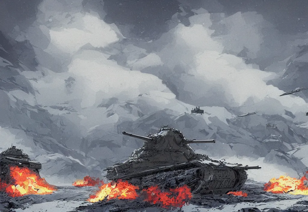 Image similar to handmade illustration of an epic and dramatic World War II war winter scene with german and soviet tanks involved firing each others, a very few soldiers running, blue sky with dramatic clouds with a snow storm, some mist grey smoke and fire, explosions, line art, ink, ol on canvas by Kilian Eng and by Jake Parker, heavy brushstrokes, winning-award masterpiece, fantastic, octane render, 8K HD Resolution, High quality image