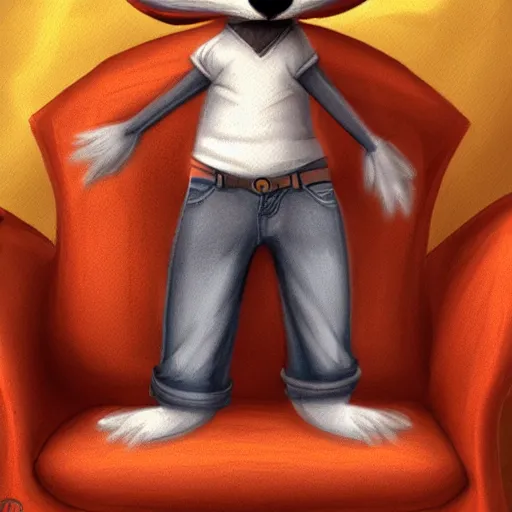 Image similar to an anthropomorphic fox wearing a t-shirt and jeans sitting on a couch, DeviantArt, Artstation, furry, anthro, anthropomorphic, furaffinity, cartoon, disney