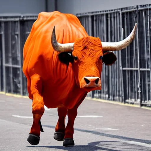 Image similar to bull wearing orange inmate clothes in a bullring