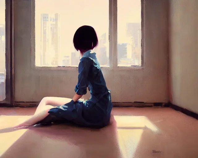 Image similar to A ultradetailed beautiful portrait panting of a stylish woman sitting on the ground of a messy apartment, Oil painting, by Ilya Kuvshinov, Greg Rutkowski and Makoto Shinkai