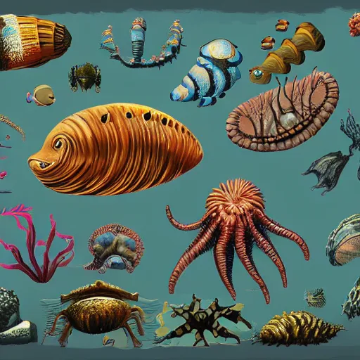 Prompt: concept art painting of cambrian sea creatures, detailed, cel shaded