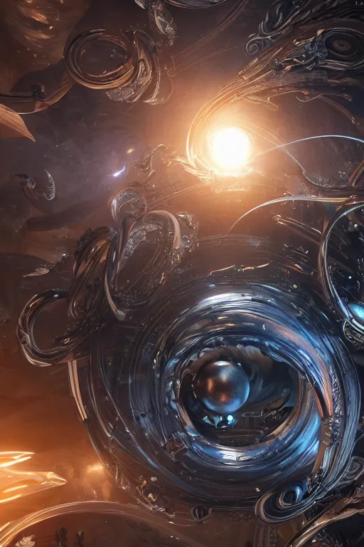 Image similar to swirling abstract cyborg parts and ornate flowing smoke streams and smooth particle effects surround a small metallic sphere, unreal engine