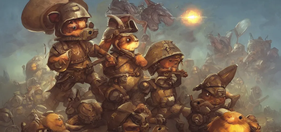 Prompt: cute little anthropomorphic Guinea Pig soldiers storming a base, ultra wide lens shot , tiny, small, short, Pilot outfit, cute and adorable, pretty, beautiful, DnD character art portrait, matte fantasy painting, DeviantArt Artstation, by Jason Felix by Steve Argyle by Tyler Jacobson by Peter Mohrbacher, cinematic lighting