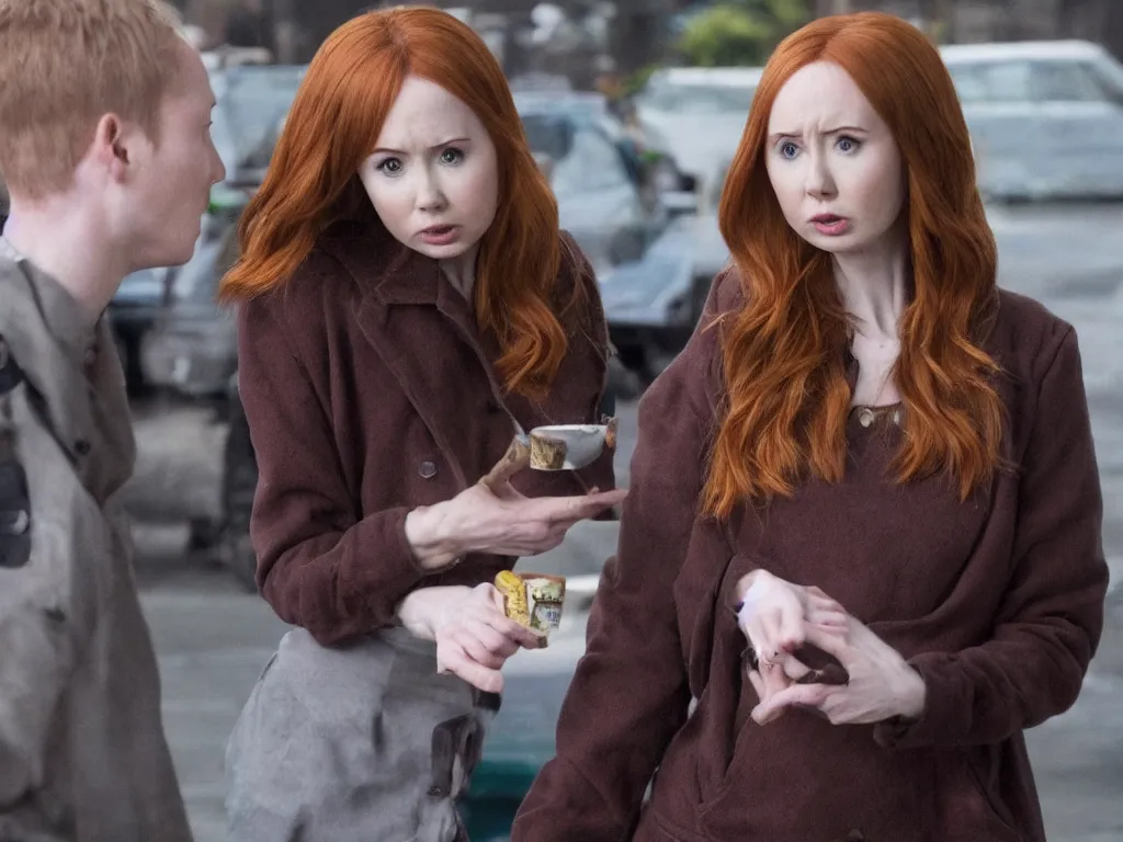 Image similar to realistic tabloid photo of Karen Gillan trying to explain she's not Unbreakable Kimmy Schmidt