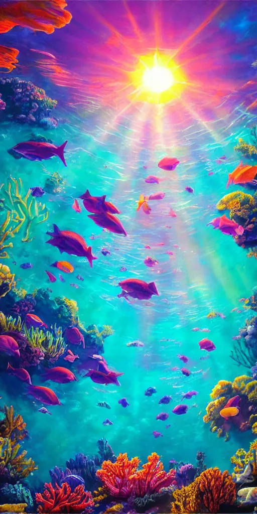 Image similar to underwater neon coral reef landscape magical realism painting with sun rays coming from above, neon pastel colors