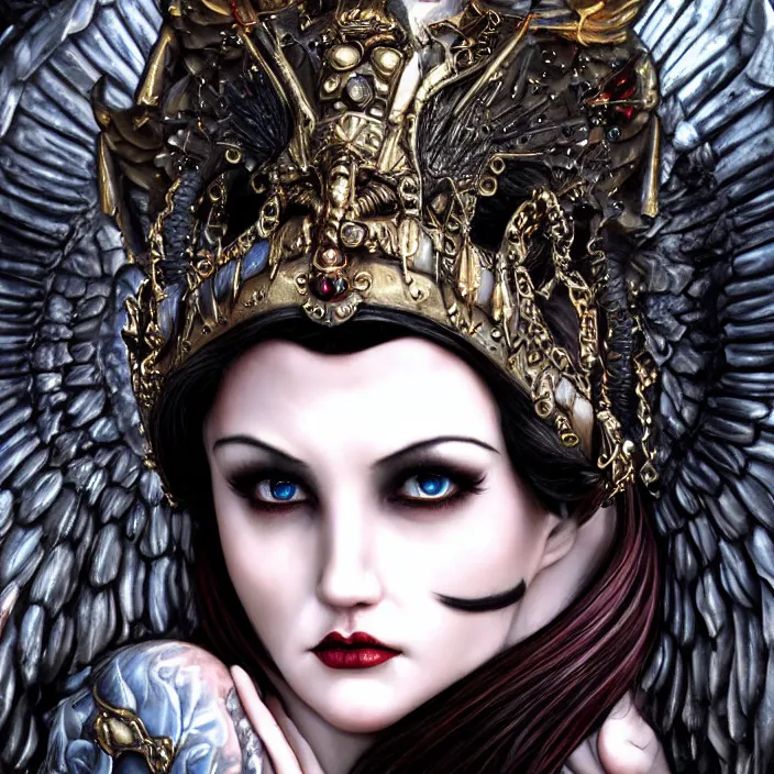 Image similar to perfectly centered close up portrait, candid photography, goddess of death, by anne stokes, updo, highly detailed