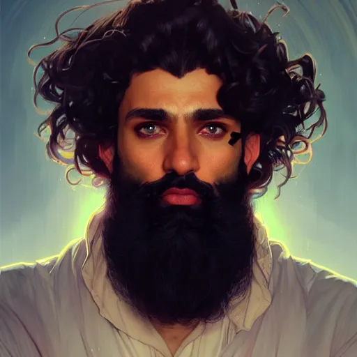 Image similar to ,Crystal blue eyes arab man with black hair curly, light beard,serious face, , by WLOP,Artgerm,Greg Rutkowski,Alphonse Mucha, Beautiful dynamic,shadows,Artstation,concept design art,Octane render,8K