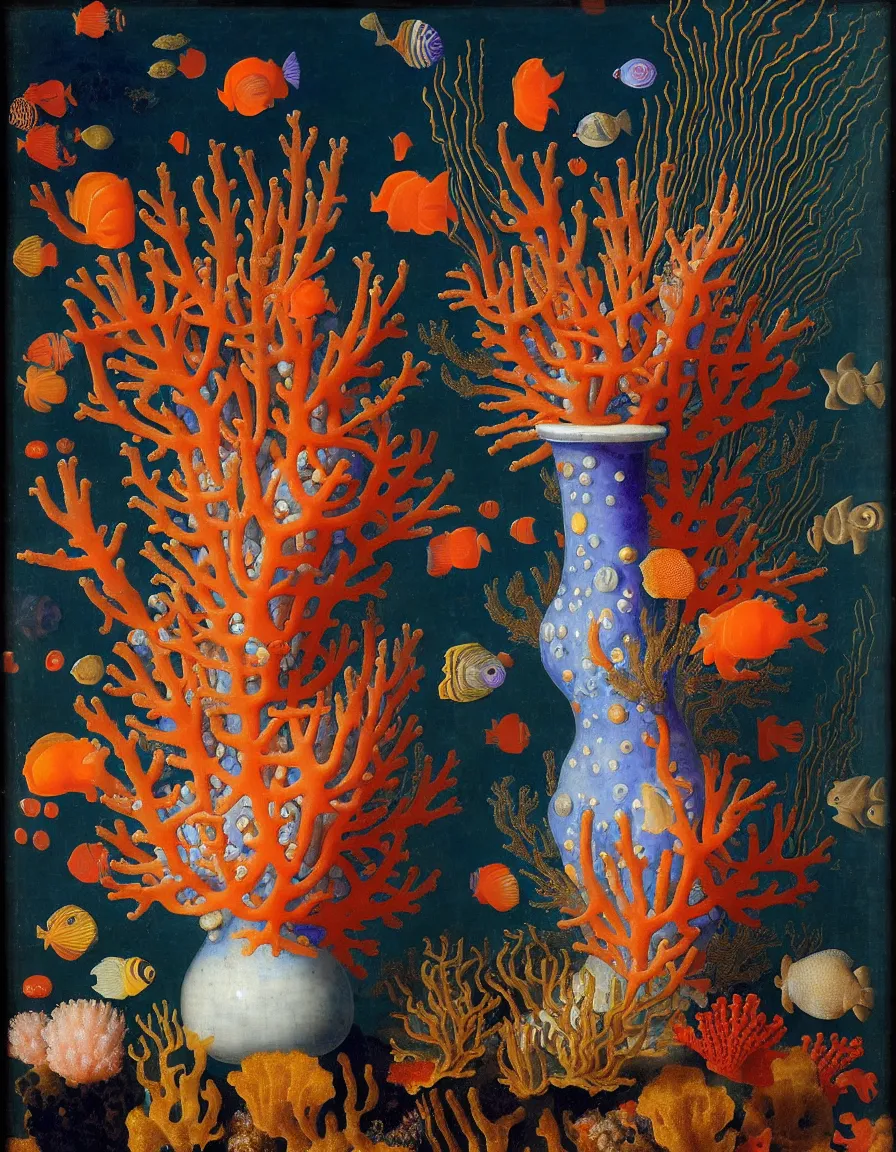 Image similar to bottle vase of coral under the sea decorated with a dense field of stylized scrolls that have opaque outlines enclosing mottled blue washes, with orange shells and purple fishes, Ambrosius Bosschaert the Elder, oil on canvas