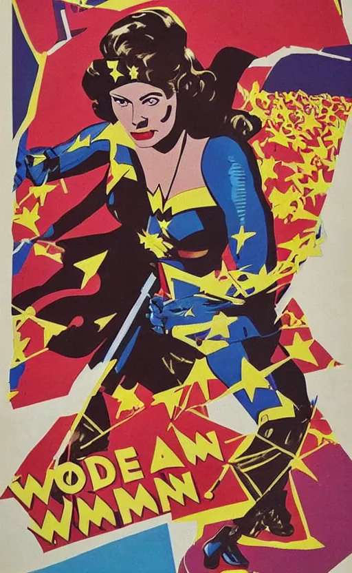 Prompt: ingrid bergman as wonder woman. poster for the film'wonder woman versus the robots '. colourful detailed painted collage. action. beautiful. powerful.