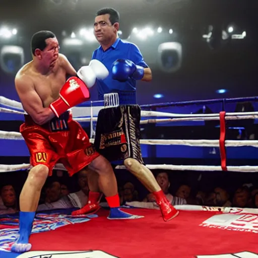 Prompt: A still of Hugo Chávez in a boxing match against Nicolas Maduro, 4k, highly detailed, photograph, photoreal, award winning, promo shoot