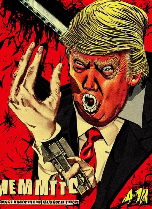 Prompt: Donald Trump as a disgusting monster on a 1980s horror movie poster , vintage 80s print, detailed, scary, horror, screen print, trending on artstation