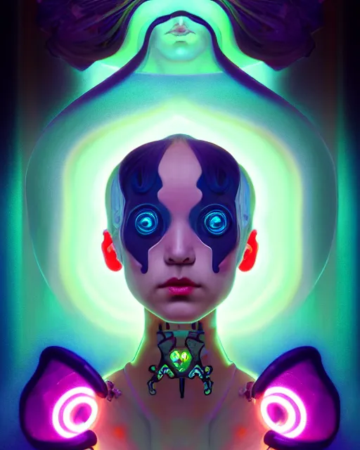 Image similar to an asymmetrical portrait of a bioluminescent patchwork doll, highly detailed, digital painting, cinematic, hyperrealism, dark retrowave, art by stanley lau and artgerm and magali villeneuve and alphonse mucha, artstation, octane render, cgsociety, james jean, victo ngai, david rubin, mike mignola