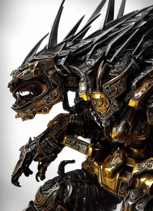 Image similar to hyper realistic glorious ancient wargreymon in a obsidian metal armor, futuristic design, designed by makoto kobayashi and luca zampriolo, portrait, cyberpunk style, wood and gold details, intricate, extremely detailed, ornate, deep of field, hard surface, exoskeleton, substance designer metal unreal engine. amazing likeness. very detailed.