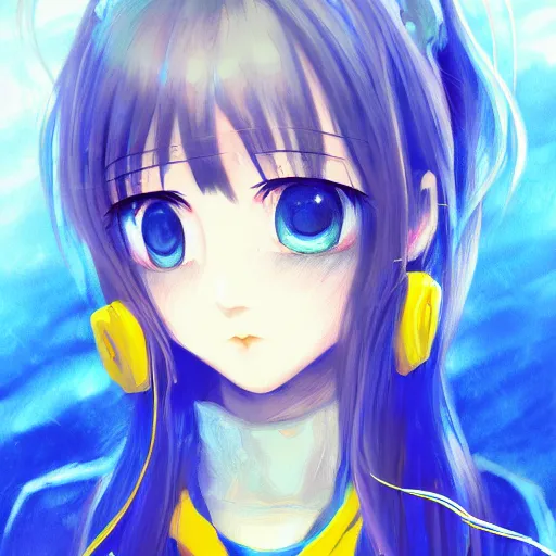 Image similar to a portrait of anime ukrainian blue and yellow girl, scared, concept art, trending on artstation, highly detailed, intricate, sharp focus, digital art, 8 k