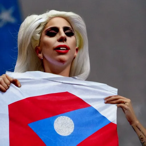 Image similar to Lady Gaga as president, Argentina presidential rally, Argentine flags behind, bokeh, giving a speech, detailed face, Argentina