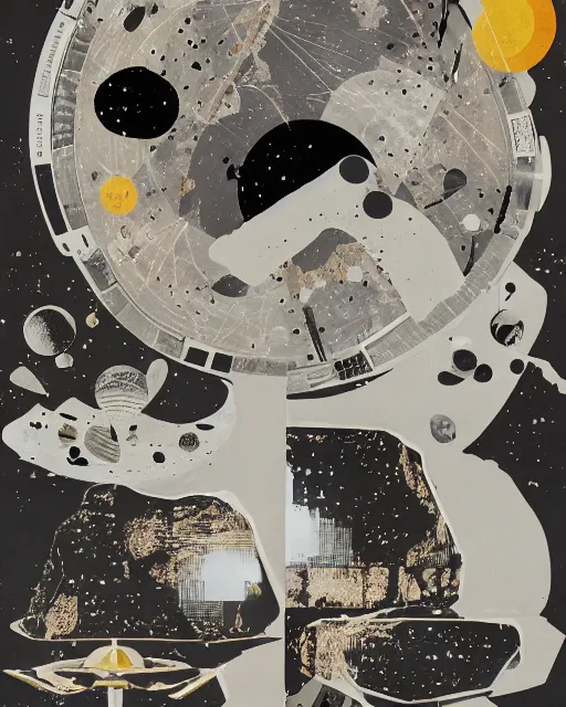 Image similar to A collage, made of random shapes cut from magazines, of Space Travel, landing on the moon, mid-century modern.