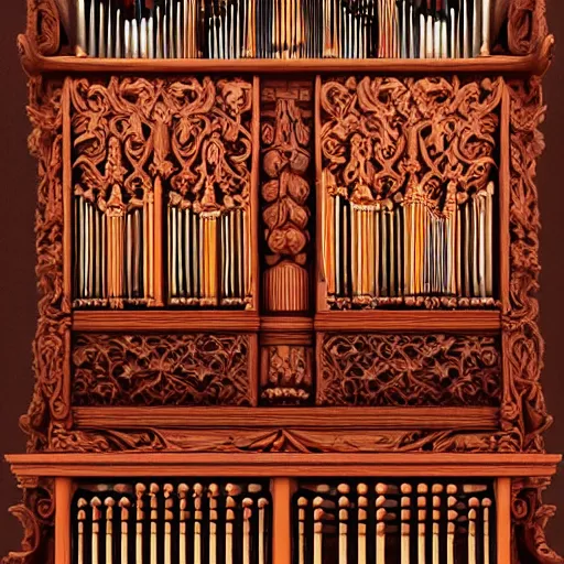 Prompt: pipe organ intricately carved from ancient wood, detailed reference photo, artstation