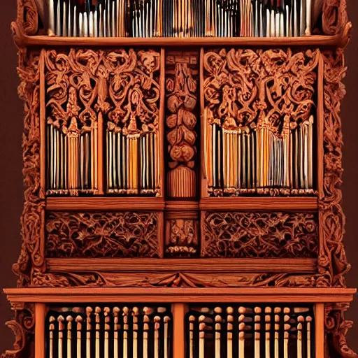 Image similar to pipe organ intricately carved from ancient wood, detailed reference photo, artstation