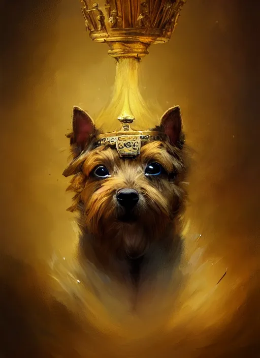 Prompt: norwich terrier as an king, backround dark, highly detailed, digital illustration, trending in artstation, modern painting, smooth, sharp focus, intricate, by peter mohrbacher