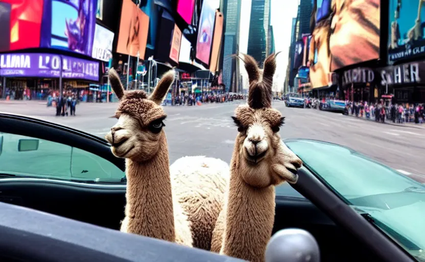 Image similar to a old photo of llama sitting in a car, looking out of the window and his hair is flying in the wind, riding through times square 8 k