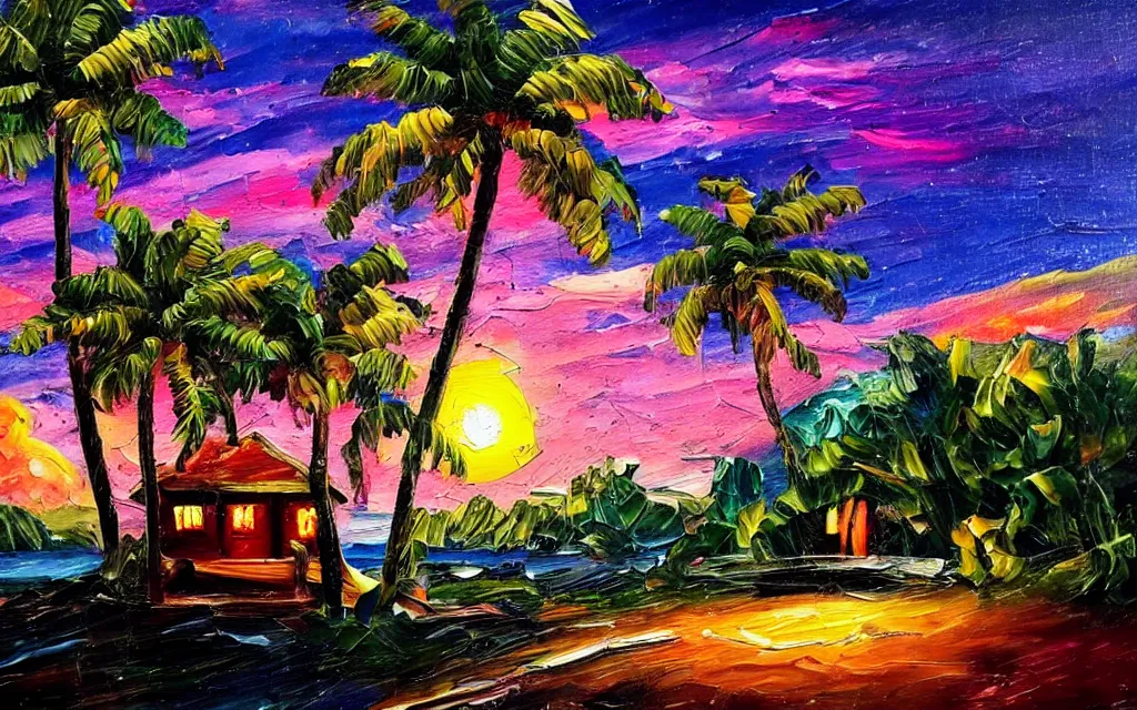 Image similar to a very very small island! with a paved patio, cute cozy large cottage!! with chairs and string lights!!!, palm trees, dark very late evening cloudy sunset, dramatic and dynamic lighting, thick brush strokes oil impasto painting