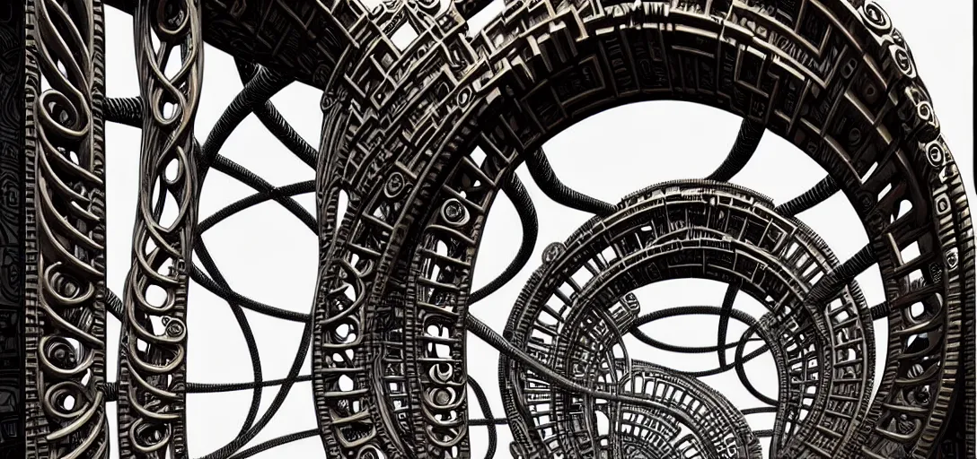 Image similar to a double helix dna cyberpunk steampunk marble carved archway, high details, lineart, by vincent di fate and joe fenton, inking, screen print, masterpiece, trending on artstation, sharp, high contrast, hyper - detailed,, hd, 4 k, 8 k