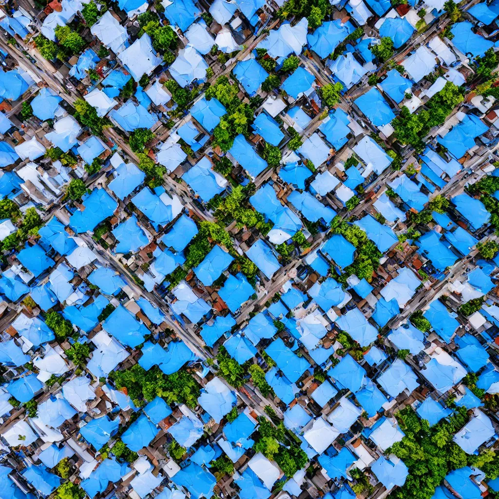 Prompt: bird's eye view of blue rooftop with clean streets, 4k